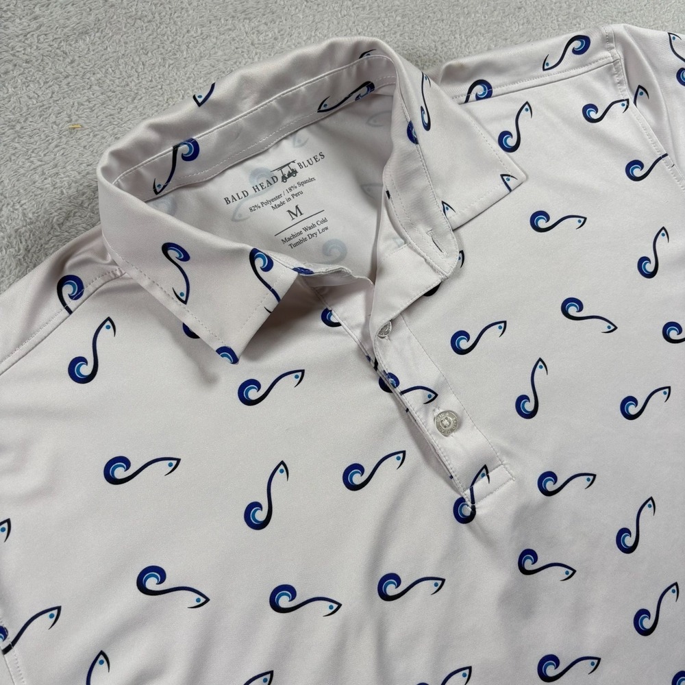 Bald Head Blues Ocean Outfitter Golf Polo Shirt Mens‎ Medium White Fish Pattern